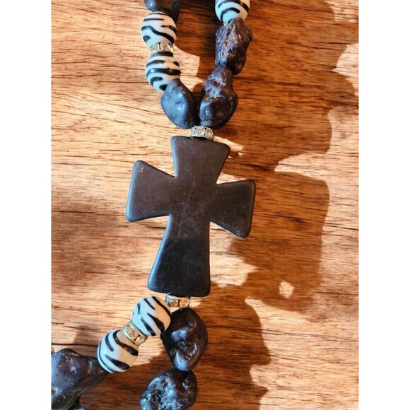 Chunky Zebra Glass & Stone Bead Cross Necklace – 10" Drop – Artisan Tribal Goth - Picture 2 of 5
